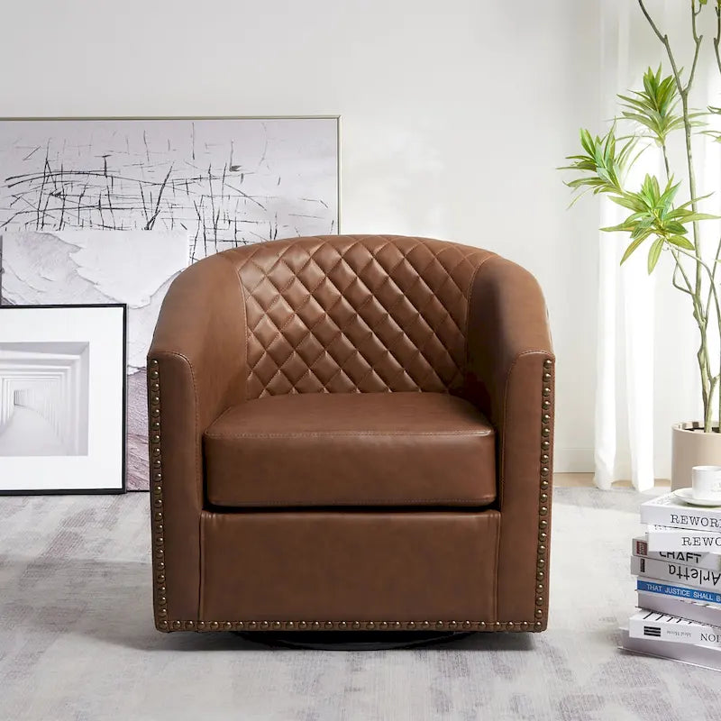 29-Inch Tufted PU Leather Swivel Barrel Chair