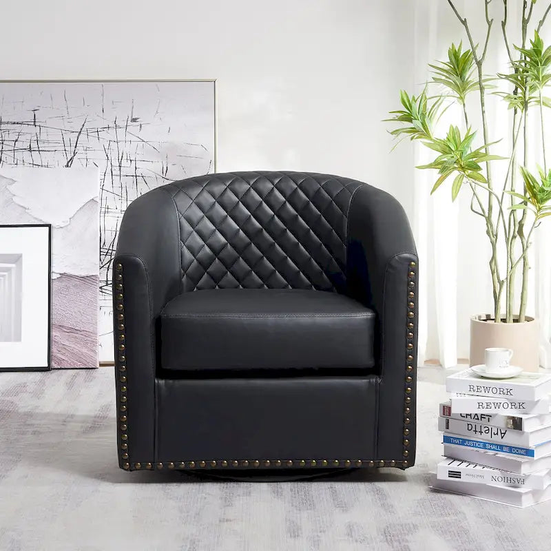 29-Inch Tufted PU Leather Swivel Barrel Chair