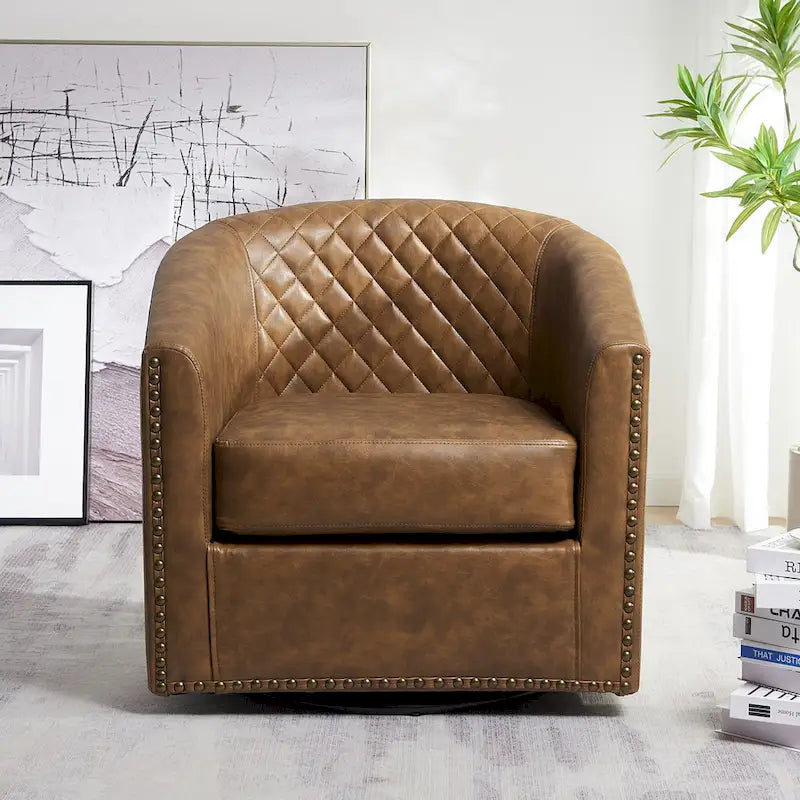 29-Inch Tufted PU Leather Swivel Barrel Chair