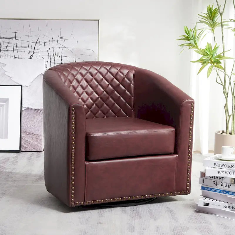 29-Inch Tufted PU Leather Swivel Barrel Chair