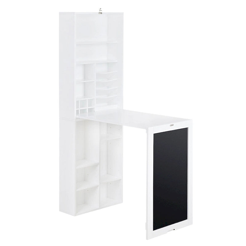 Collapsible Fold Down Desk with Storage Cabinet & Bottom Shelves - White