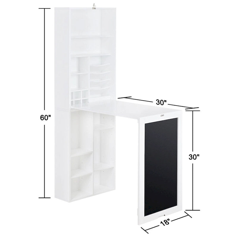 Collapsible Fold Down Desk with Storage Cabinet & Bottom Shelves - White