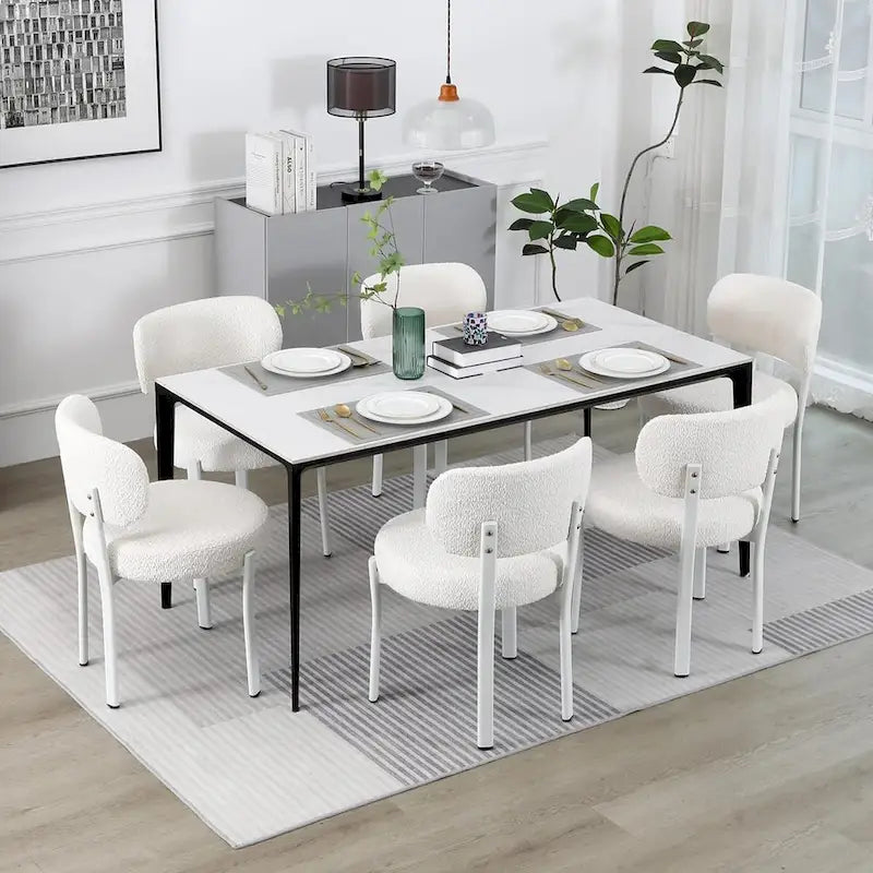 Upholstered Modern Boucle Dining Chairs with White Metal Legs