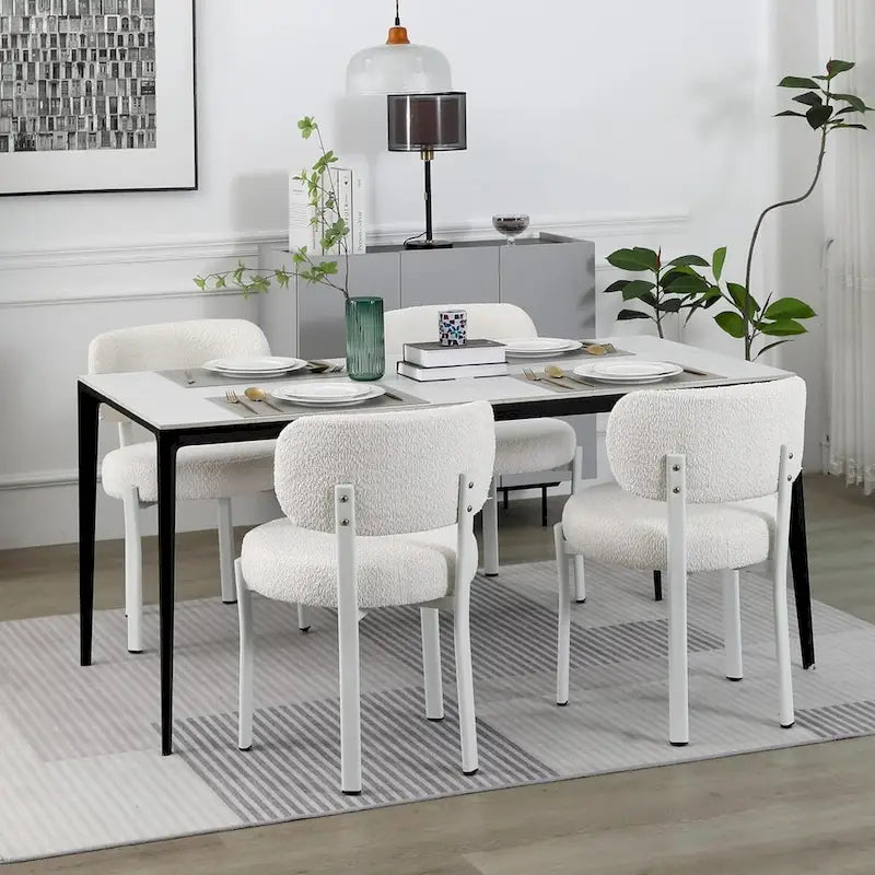 Upholstered Modern Boucle Dining Chairs with White Metal Legs